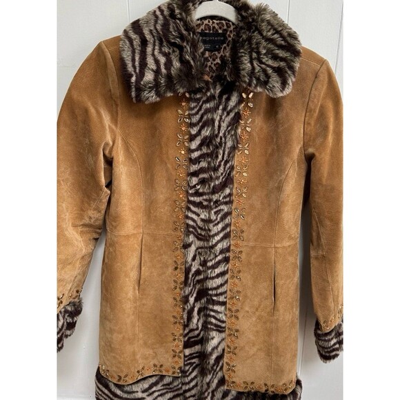 VTG 70s Suede Shearling Faux Fur Coat Jeweled Trim Zebra Penny Lane Afghan 12 L - Picture 5 of 11